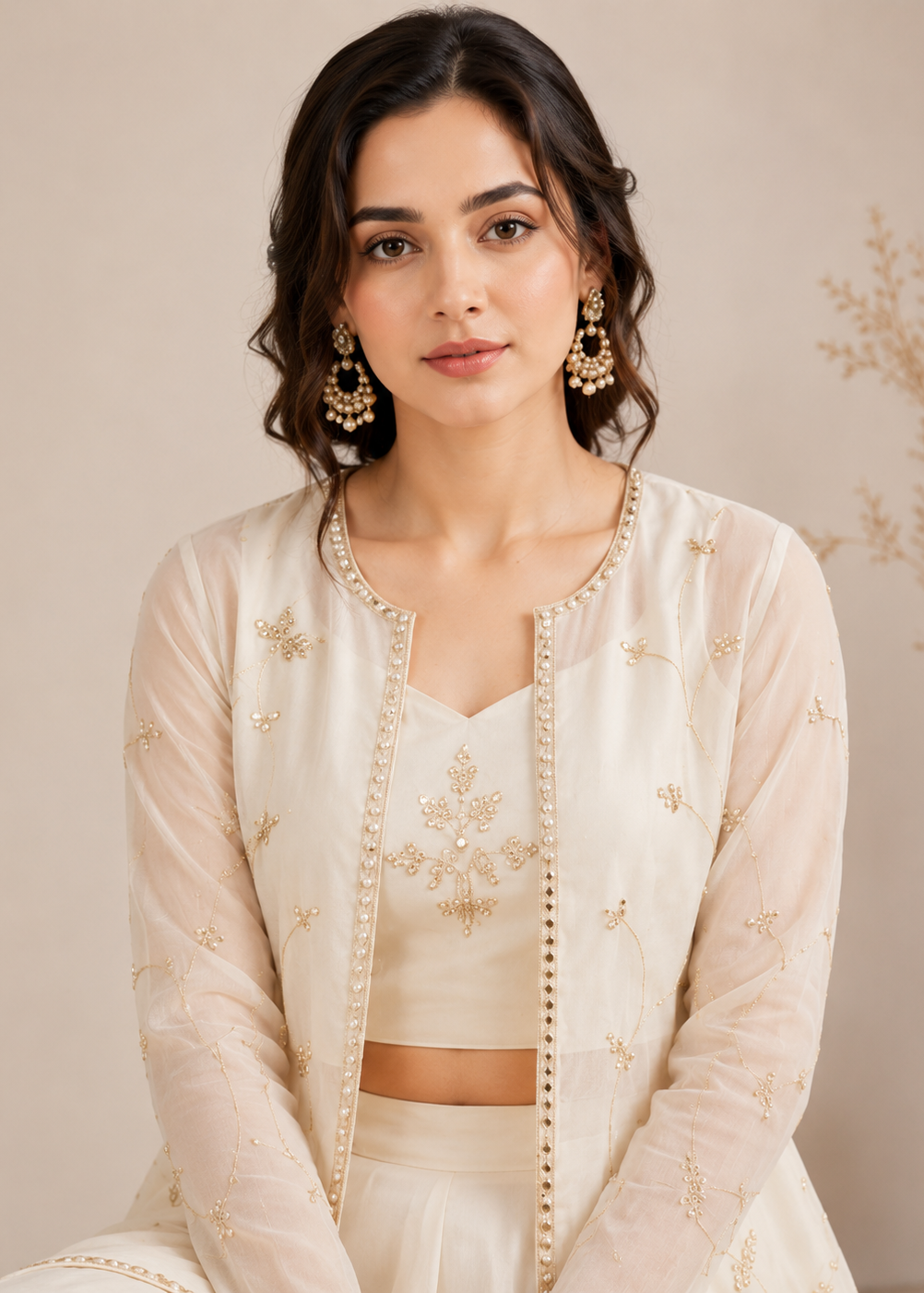 Woman wearing a cream-colored traditional outfit with gold embroidery against a beige background