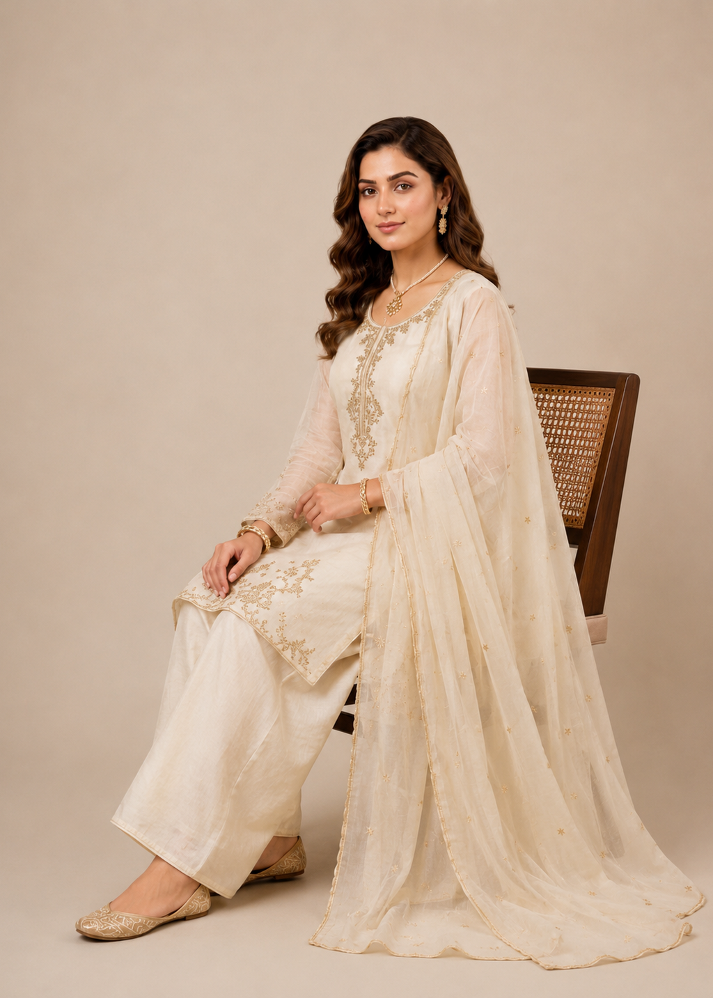 Woman in a cream traditional outfit sitting on a chair against a beige background