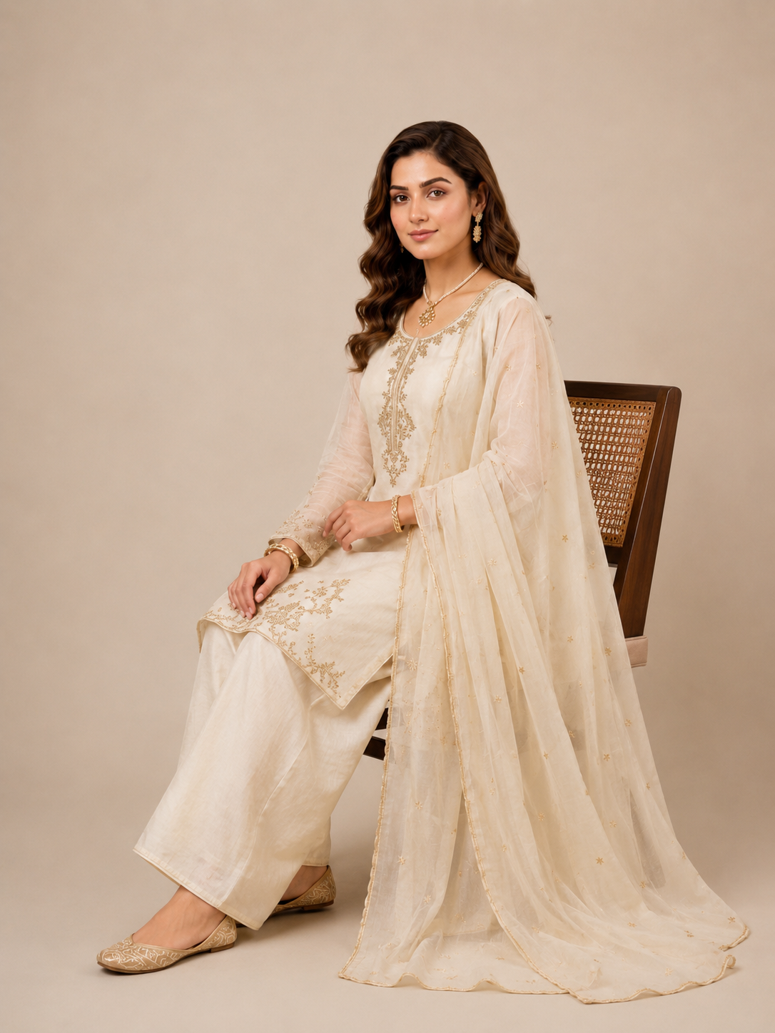 Woman in a cream traditional outfit sitting on a chair against a beige background