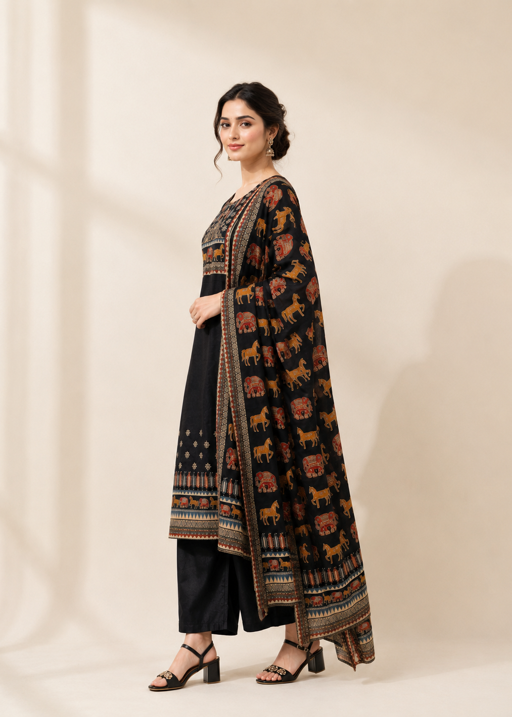 Woman wearing a black and brown patterned dupatta over a black outfit on a beige background