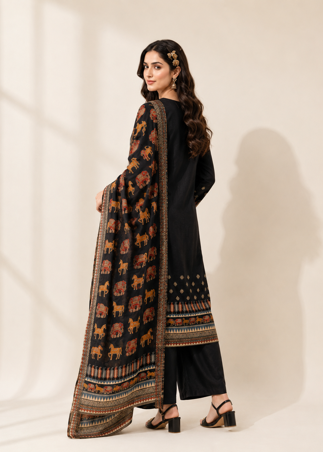 Woman wearing a black outfit with a patterned dupatta against a white background