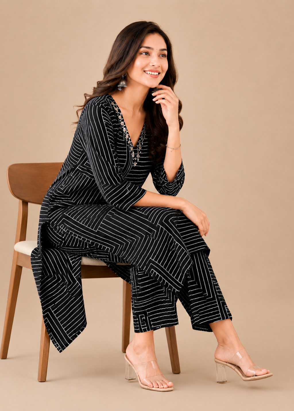 Black Geometric Printed Kurta Palazzo Co-ord Set