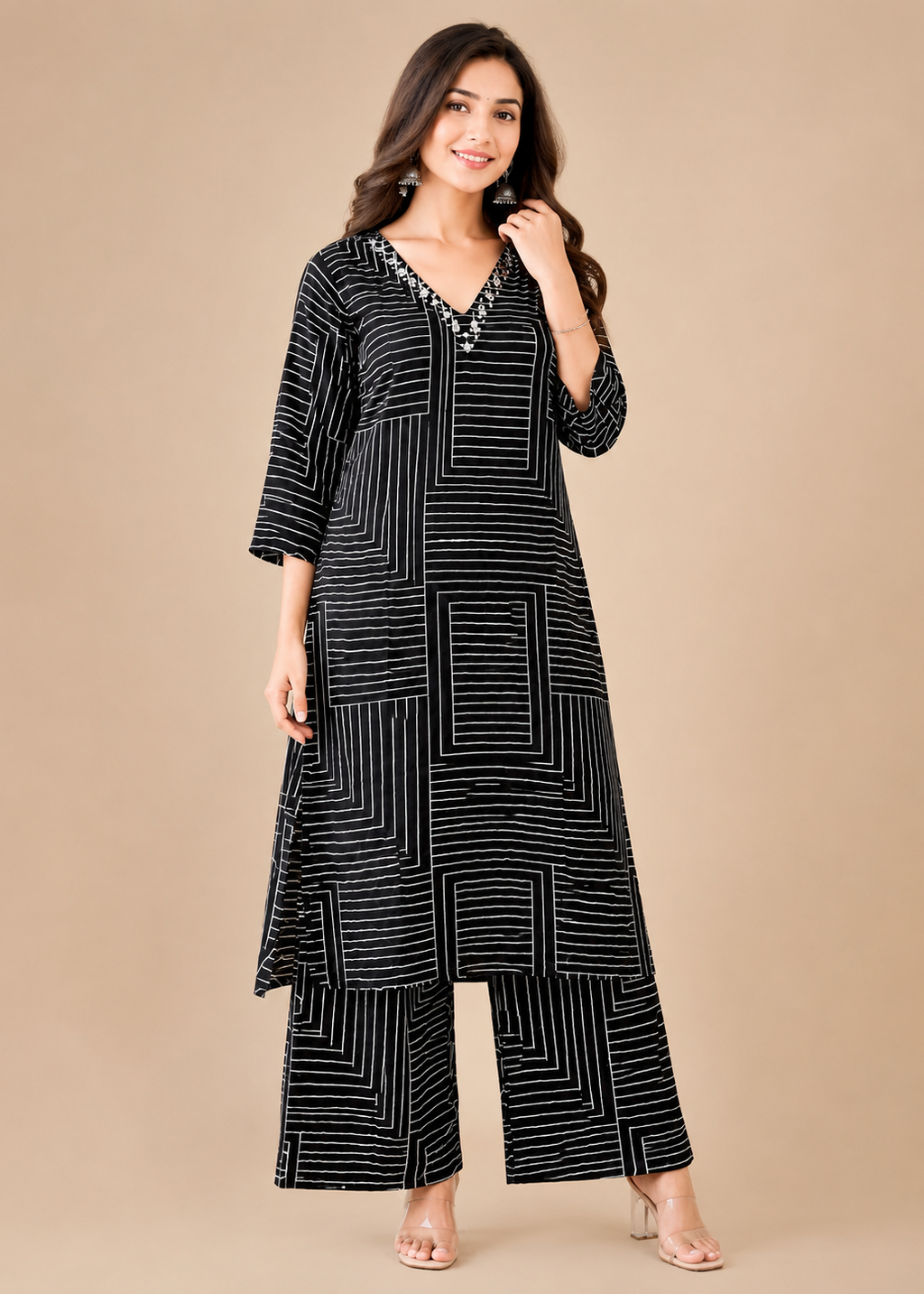 Black Geometric Printed Kurta Palazzo Co-ord Set