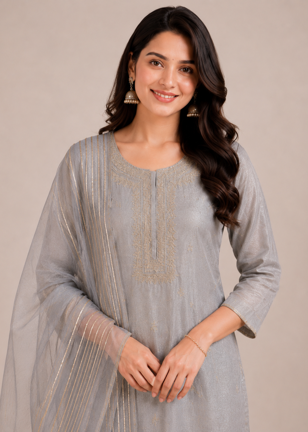 Silver Grey Aura Kurta Pant Dupatta Set