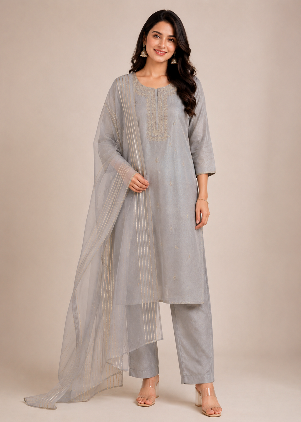Silver Grey Aura Kurta Pant Dupatta Set
