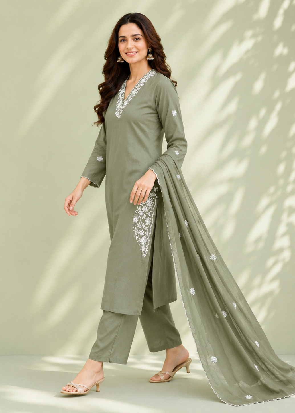 Woman wearing a green traditional outfit with embroidery against a light background