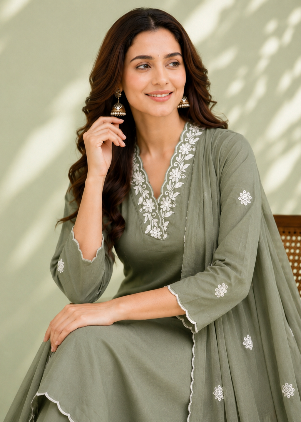 Woman wearing a green embroidered outfit with a neutral background
