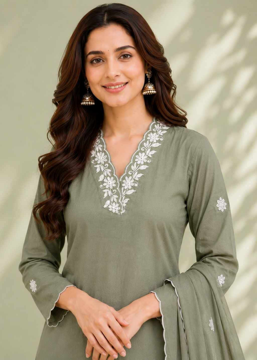 Woman wearing a green embroidered traditional outfit against a light background