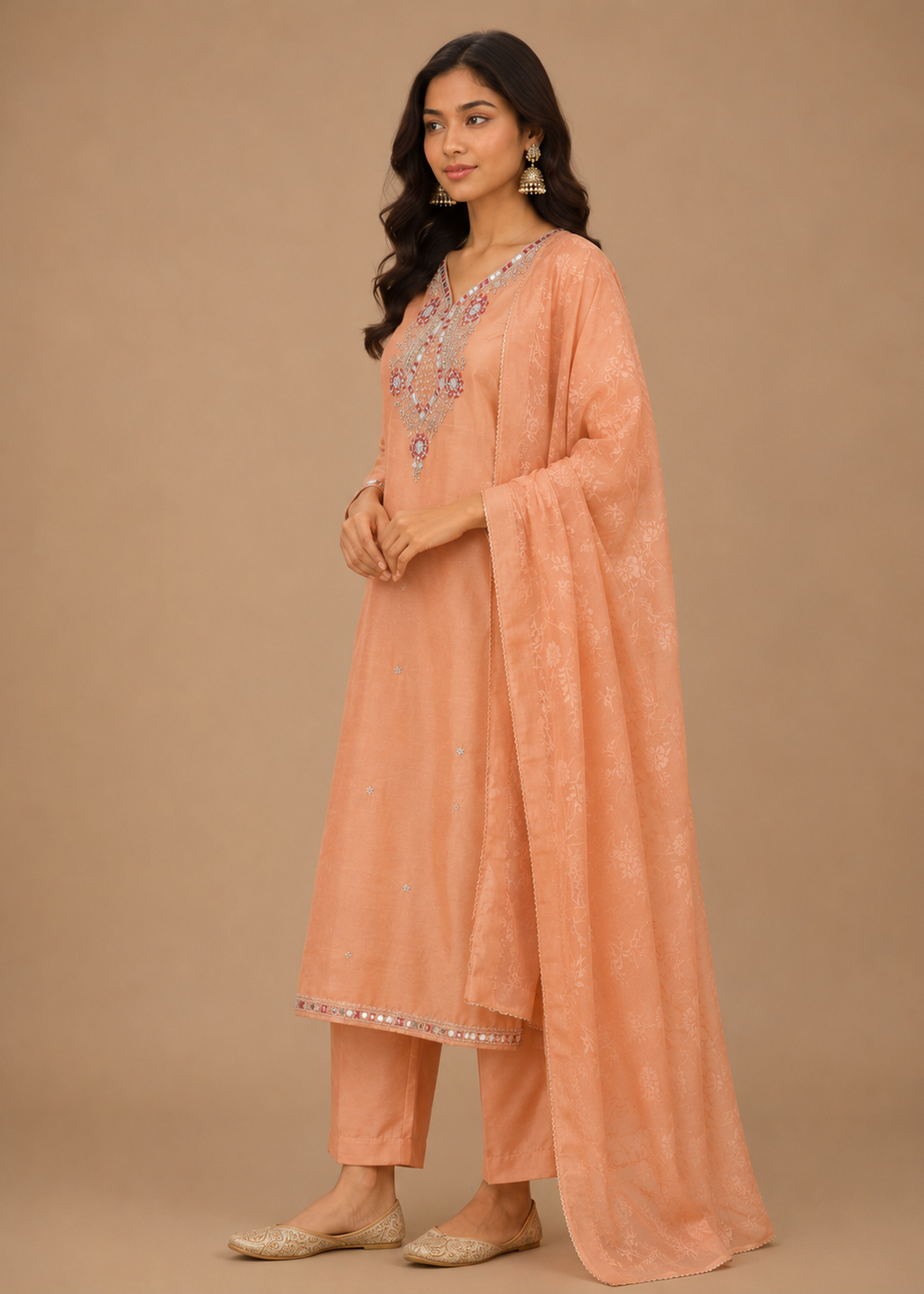 Peach Embroidered Kurta Set with Printed Dupatta