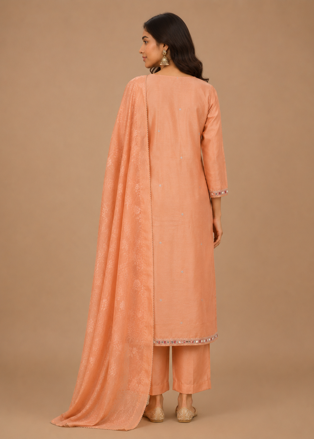 Peach Embroidered Kurta Set with Printed Dupatta