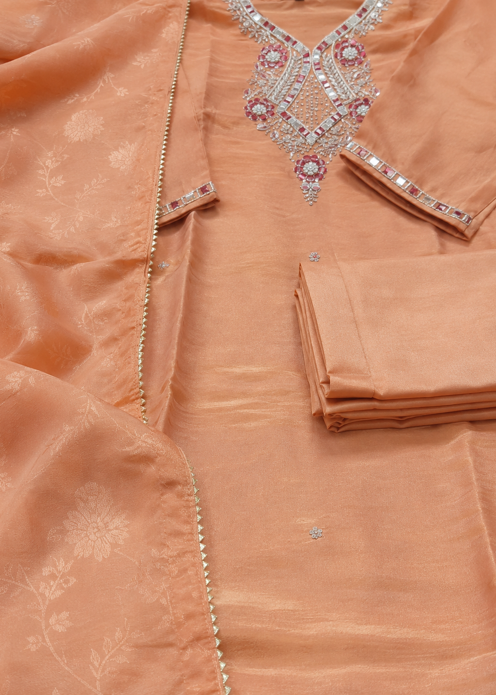 Peach Embroidered Kurta Set with Printed Dupatta