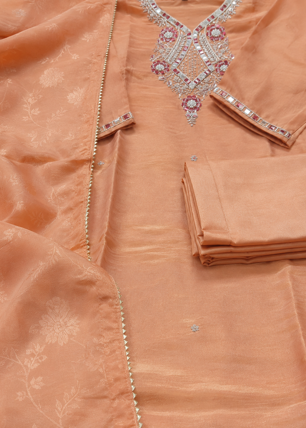 Peach Embroidered Kurta Set with Printed Dupatta