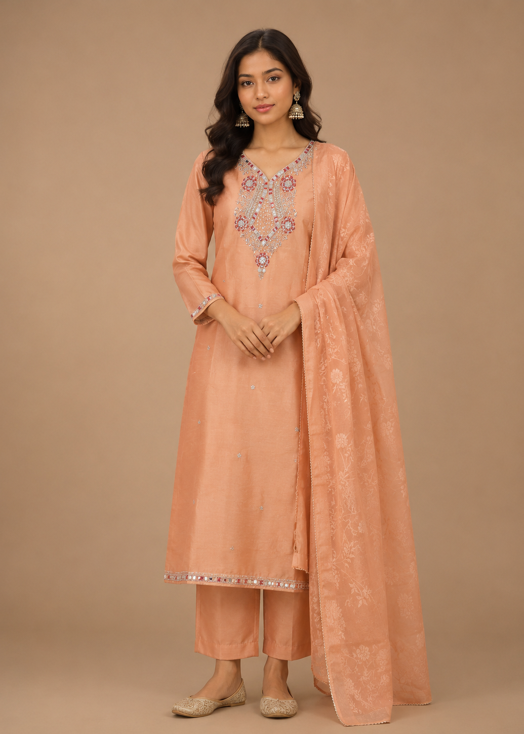 Peach Embroidered Kurta Set with Printed Dupatta