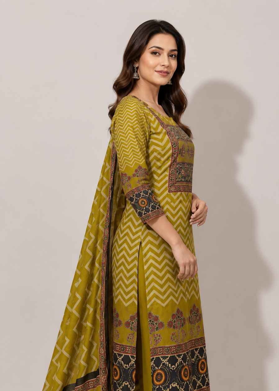 Antique Floral Chevron Cotton Kurta pant Dupatta Set