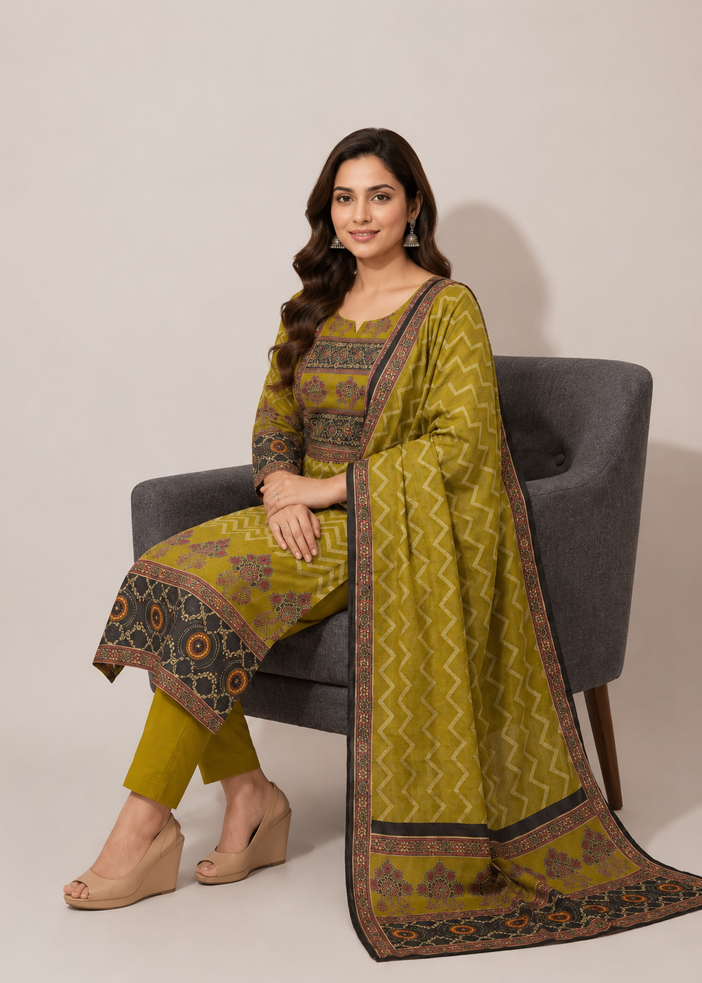 Antique Floral Chevron Cotton Kurta pant Dupatta Set