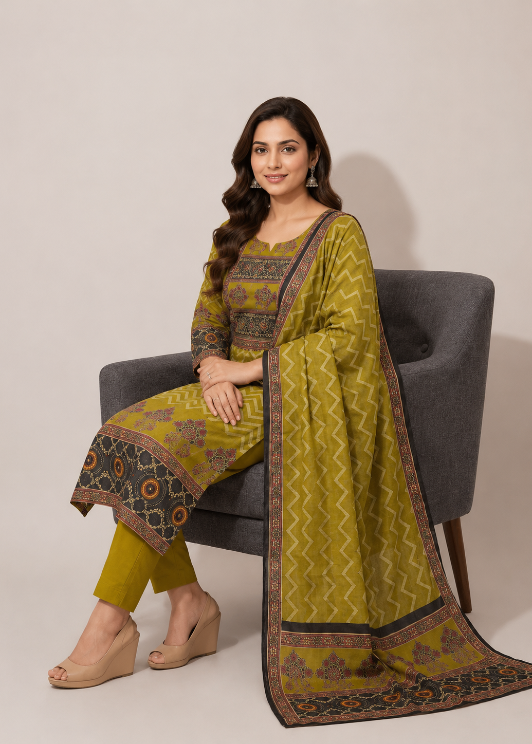 Antique Floral Chevron Cotton Kurta pant Dupatta Set