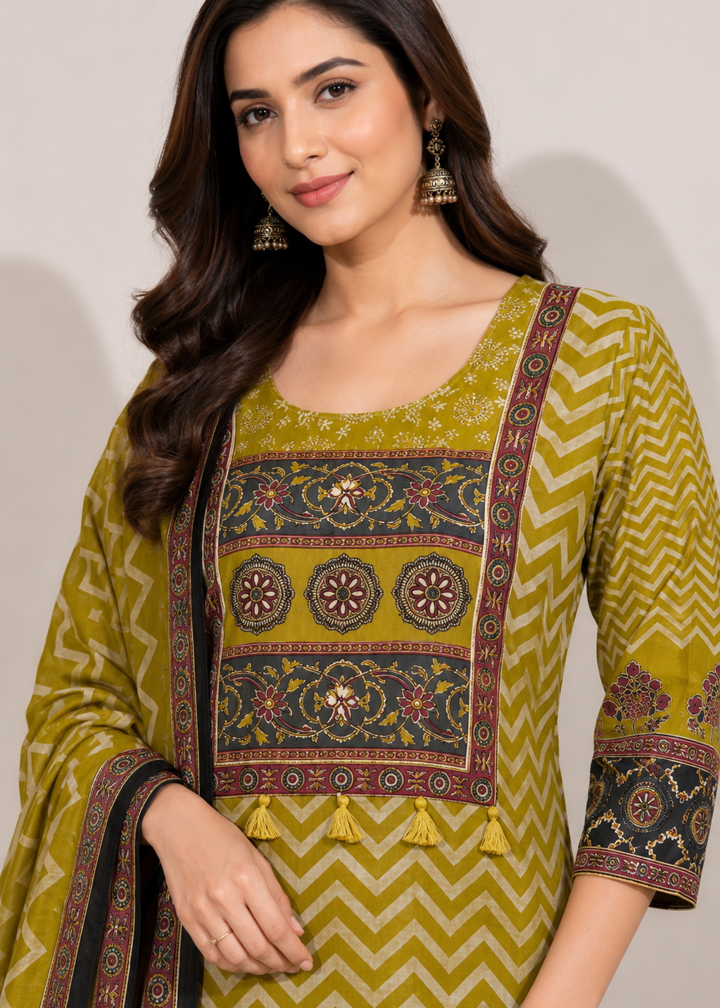 Antique Floral Chevron Cotton Kurta pant Dupatta Set