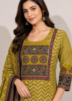 Antique Floral Chevron Cotton Kurta pant Dupatta Set