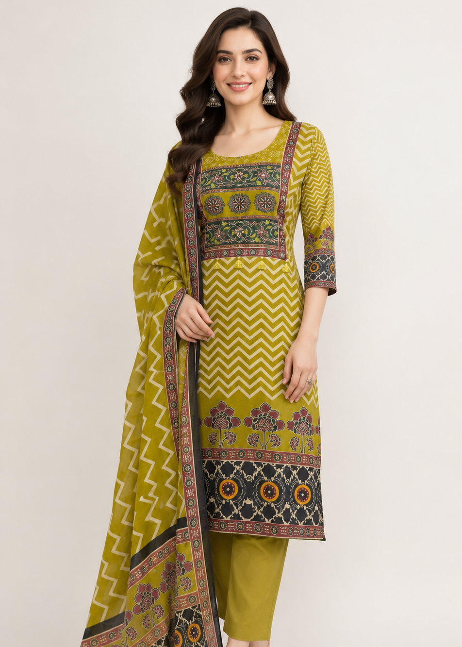 Antique Floral Chevron Cotton Kurta pant Dupatta Set