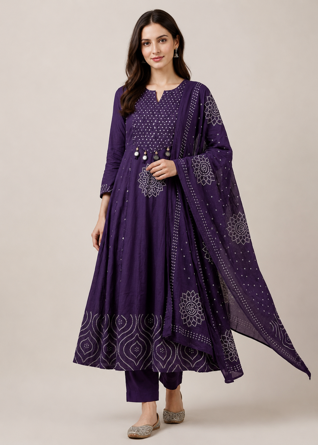 Purple Bandhej Inspired Anarkali Suit Set With Dupatta