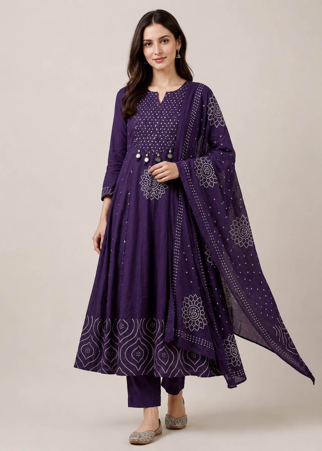 Purple Bandhej Inspired Anarkali Suit Set With Dupatta