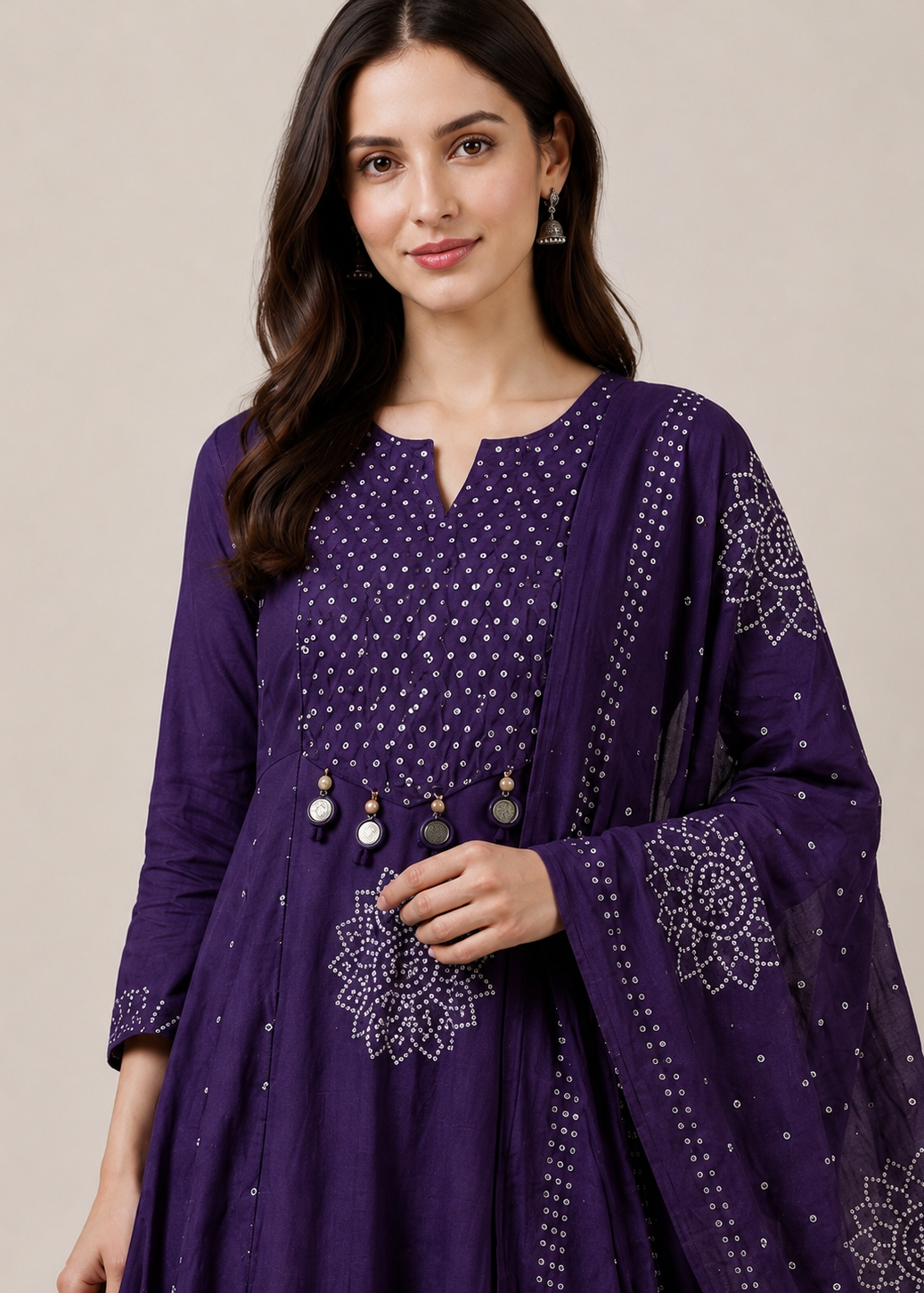 Purple Bandhej Inspired Anarkali Suit Set With Dupatta