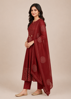 Maroon Bandhej Print Anarkali Suit Set With Dupatta