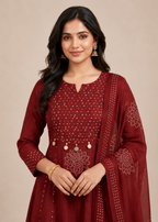 Maroon Bandhej Print Anarkali Suit Set With Dupatta