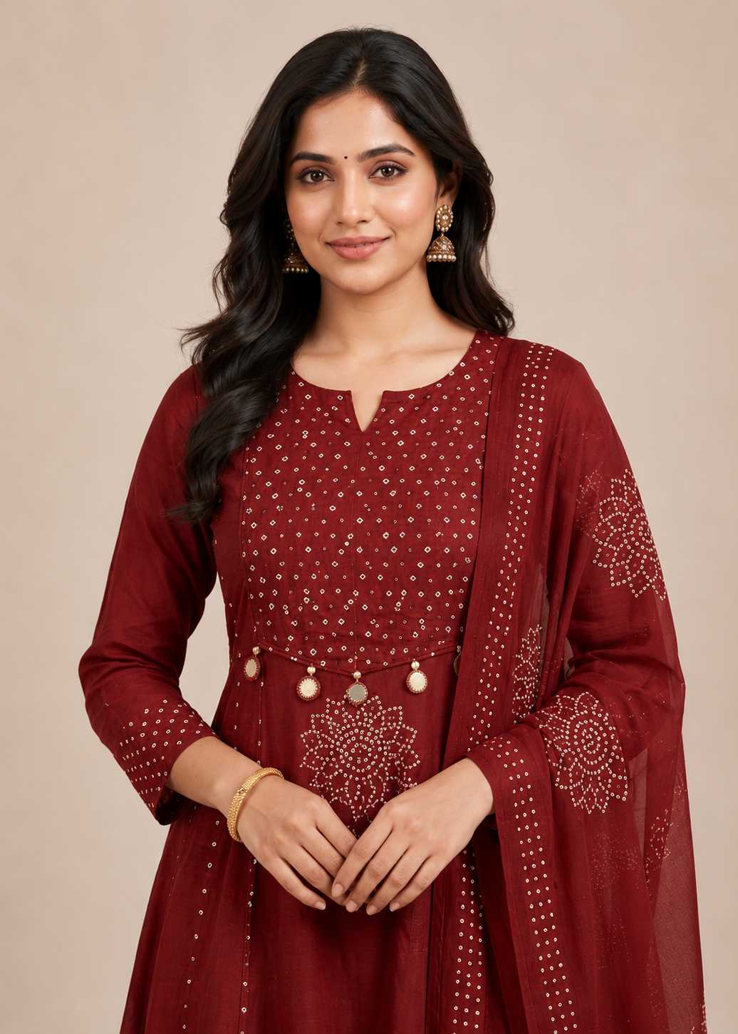 Maroon Bandhej Print Anarkali Suit Set With Dupatta