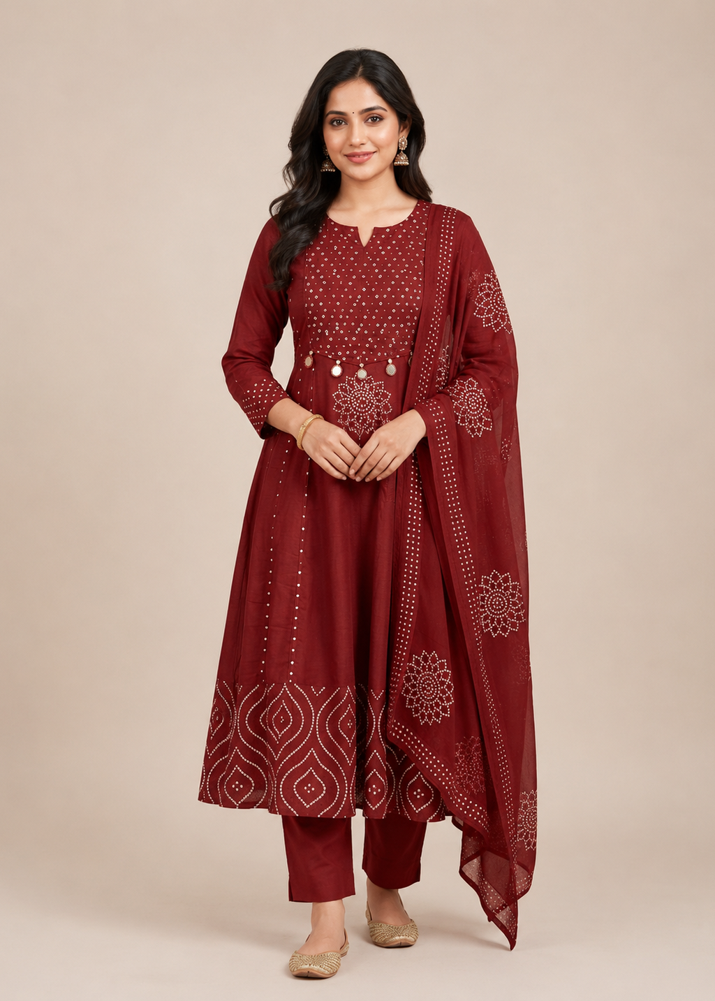 Maroon Bandhej Print Anarkali Suit Set With Dupatta