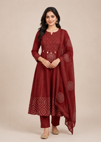 Maroon Bandhej Print Anarkali Suit Set With Dupatta