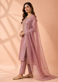 Luxury Dusty Rose Embroidered Kurta Pant Dupatta Set