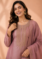 Luxury Dusty Rose Embroidered Kurta Pant Dupatta Set