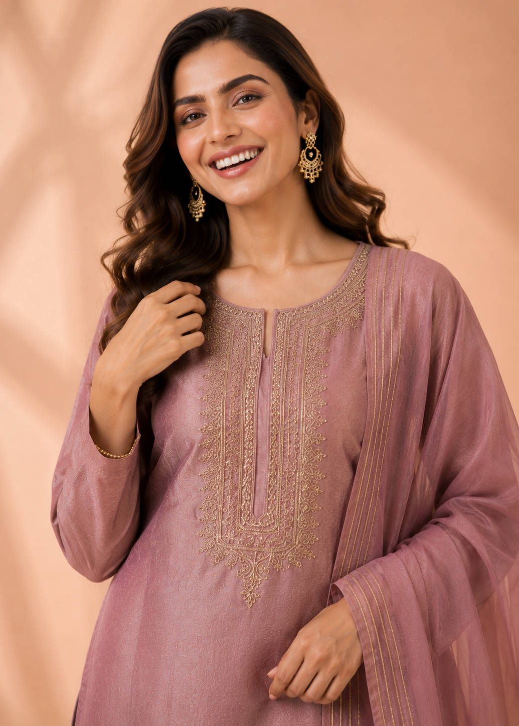 Luxury Dusty Rose Embroidered Kurta Pant Dupatta Set