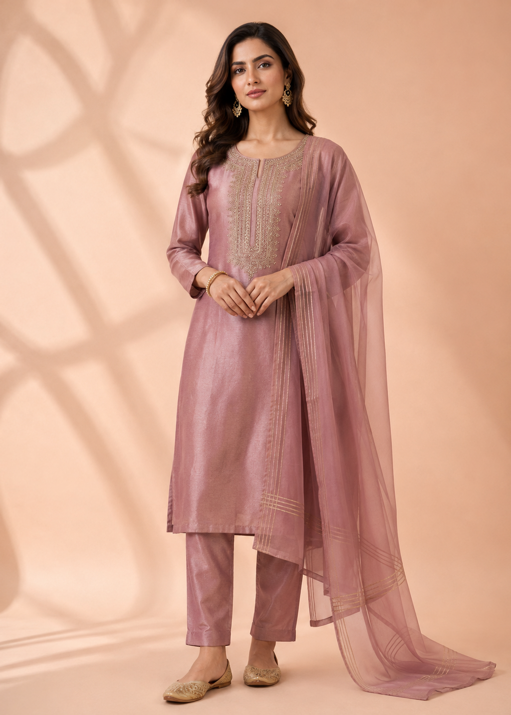 Luxury Dusty Rose Embroidered Kurta Pant Dupatta Set
