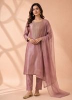 Luxury Dusty Rose Embroidered Kurta Pant Dupatta Set
