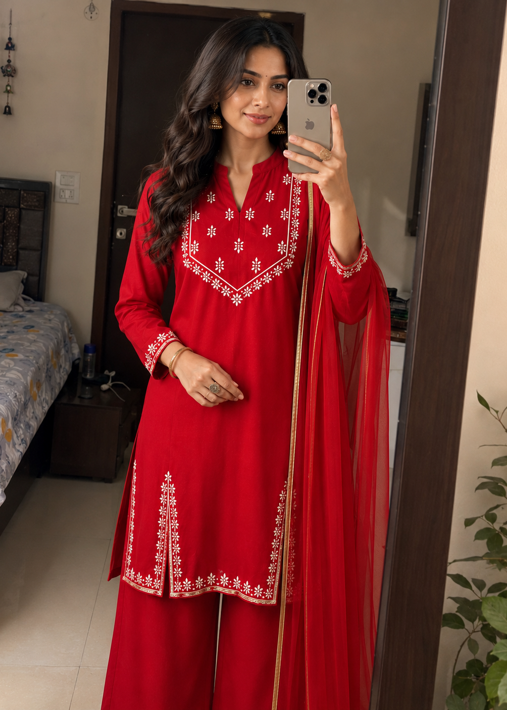 Woman in a red traditional outfit with white embroidery taking a mirror selfie in a room.