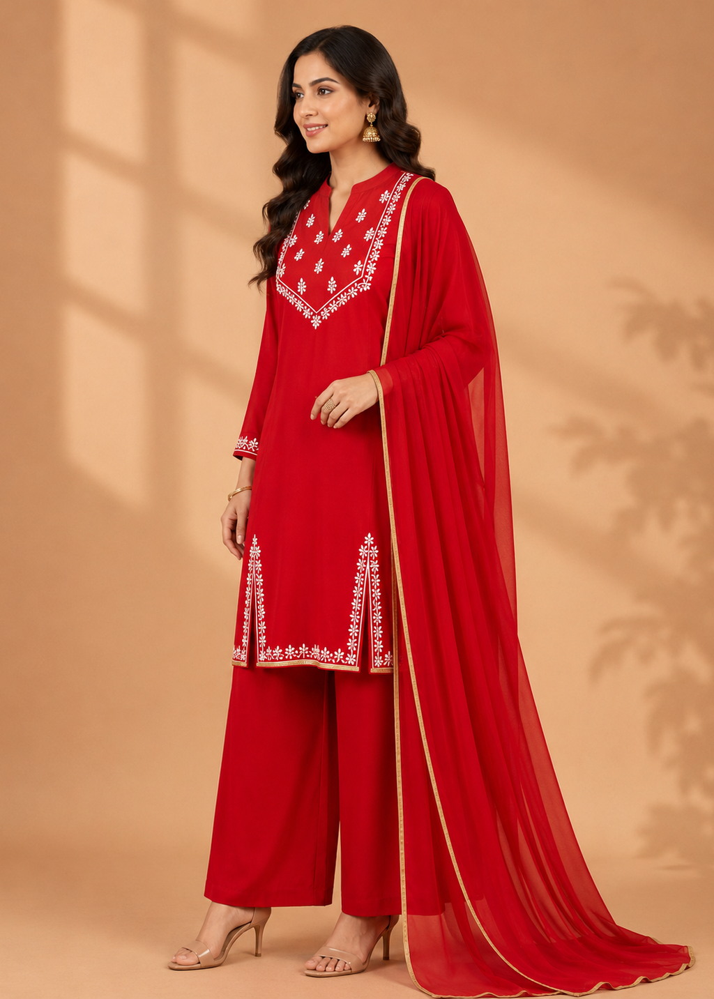 Woman wearing a red embroidered outfit with a beige background
