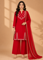 Ruby Red Floral Embroidered Festive Kurta Palazzo Dupatta Set
