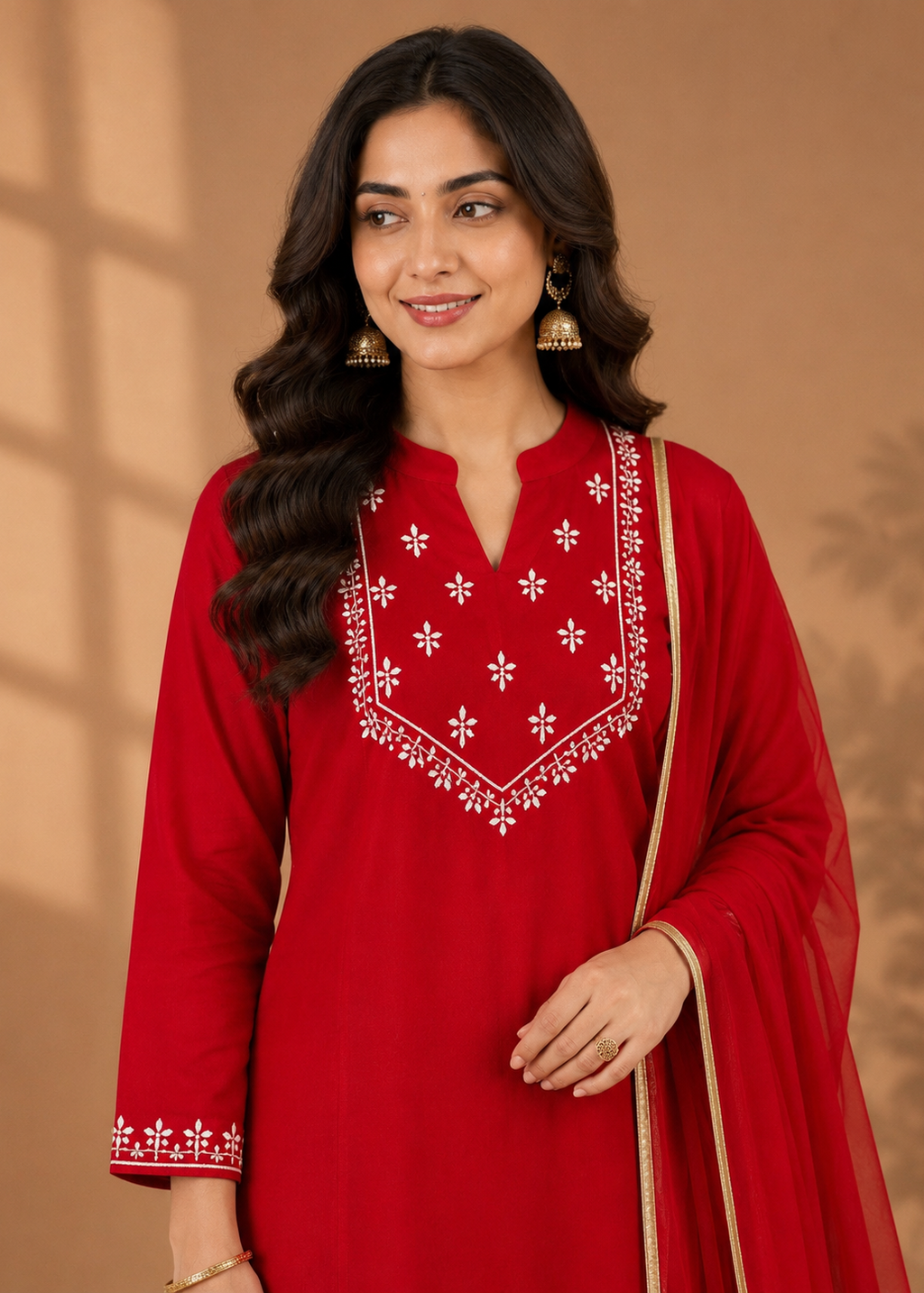 Ruby Red Floral Embroidered Festive Kurta Palazzo Dupatta Set