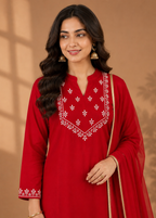 Ruby Red Floral Embroidered Festive Kurta Palazzo Dupatta Set