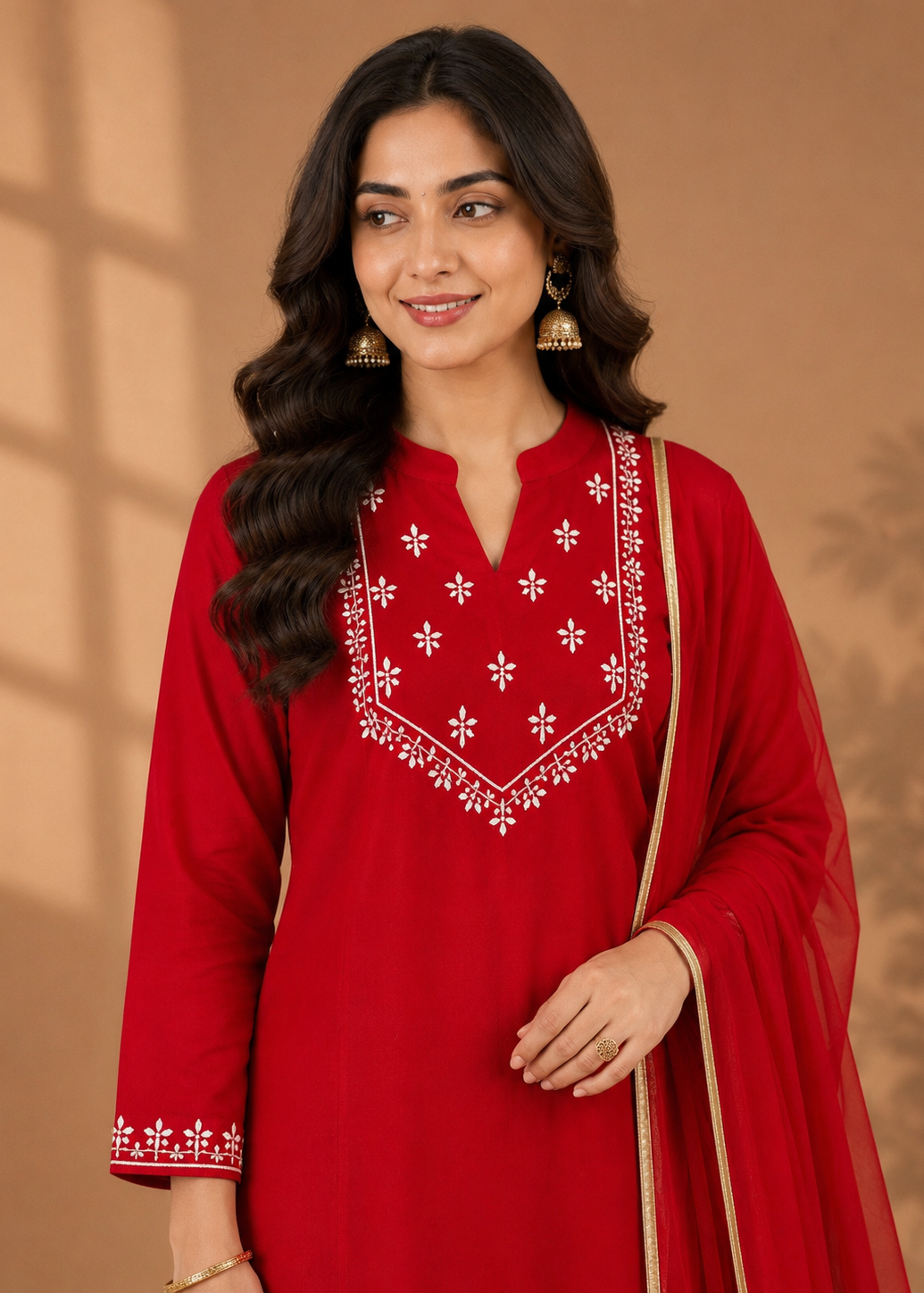 Ruby Red Floral Embroidered Festive Kurta Palazzo Dupatta Set