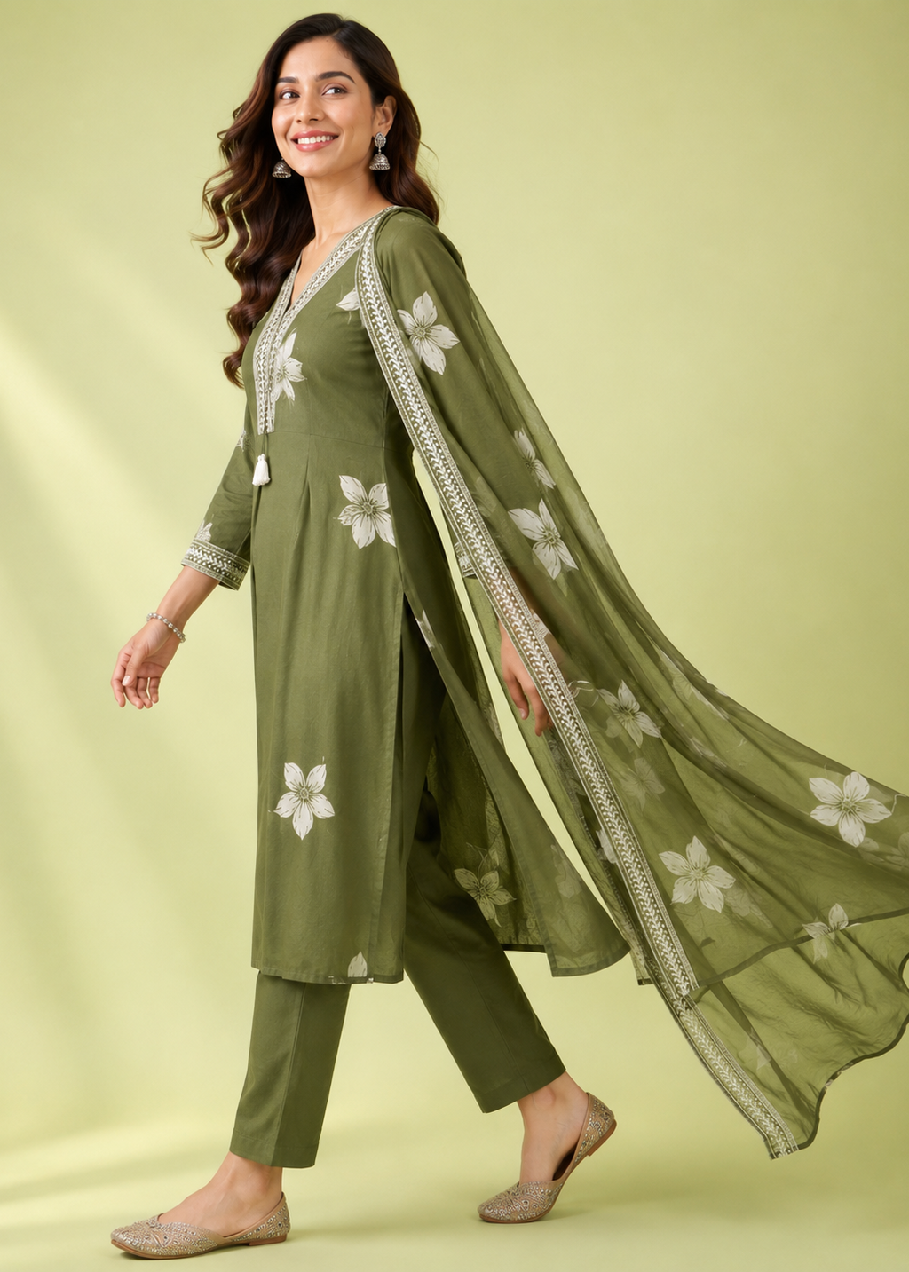 Olive Bloom Floral Embroidered Kurta Pant Dupatta Set