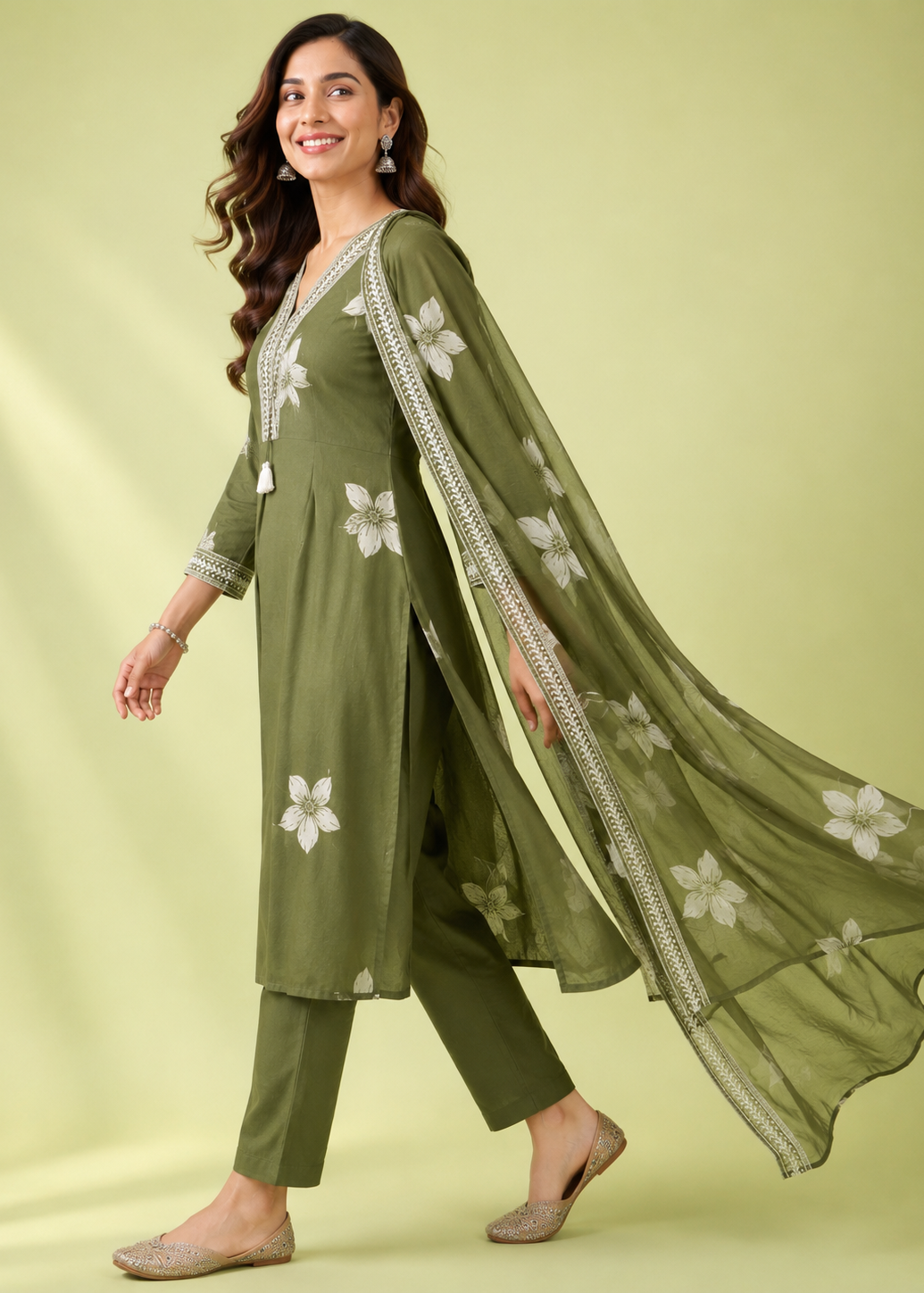 Olive Bloom Floral Embroidered Kurta Pant Dupatta Set
