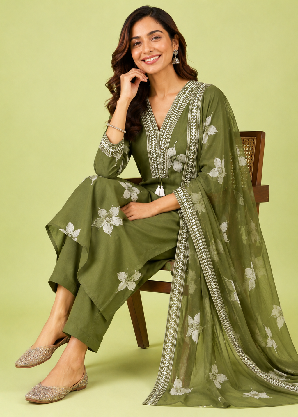 Woman in a green traditional outfit with floral patterns sitting on a chair against a light green background