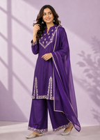 Royal Purple Embroidered Kurta Palazzo Set with Chiffon Dupatta