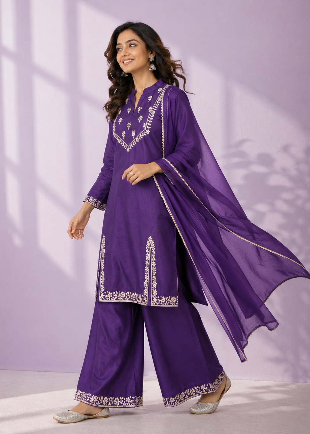 Royal Purple Embroidered Kurta Palazzo Set with Chiffon Dupatta