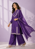 Royal Purple Embroidered Kurta Palazzo Set with Chiffon Dupatta