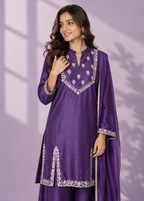 Royal Purple Embroidered Kurta Palazzo Set with Chiffon Dupatta