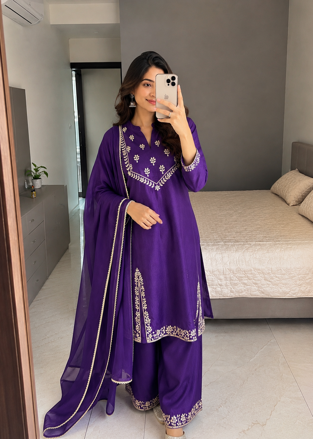Royal Purple Embroidered Kurta Palazzo Set with Chiffon Dupatta